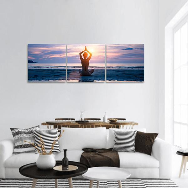 Yoga On The Beach Panoramic Canvas Wall Art-3 Piece-25&quot; x 08&quot;-Tiaracle