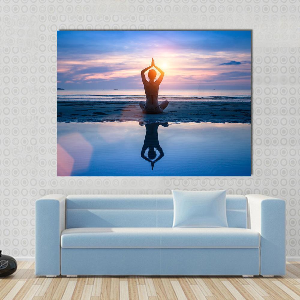 Yoga On The Sea Beach Meditation Canvas Wall Art-4 Horizontal-Gallery Wrap-34" x 24"-Tiaracle