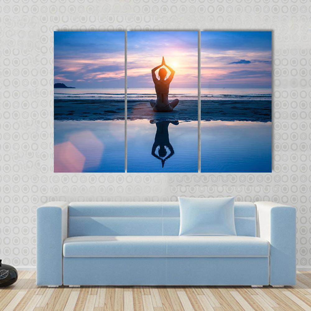Yoga On The Sea Beach Meditation Canvas Wall Art-3 Horizontal-Gallery Wrap-37&quot; x 24&quot;-Tiaracle