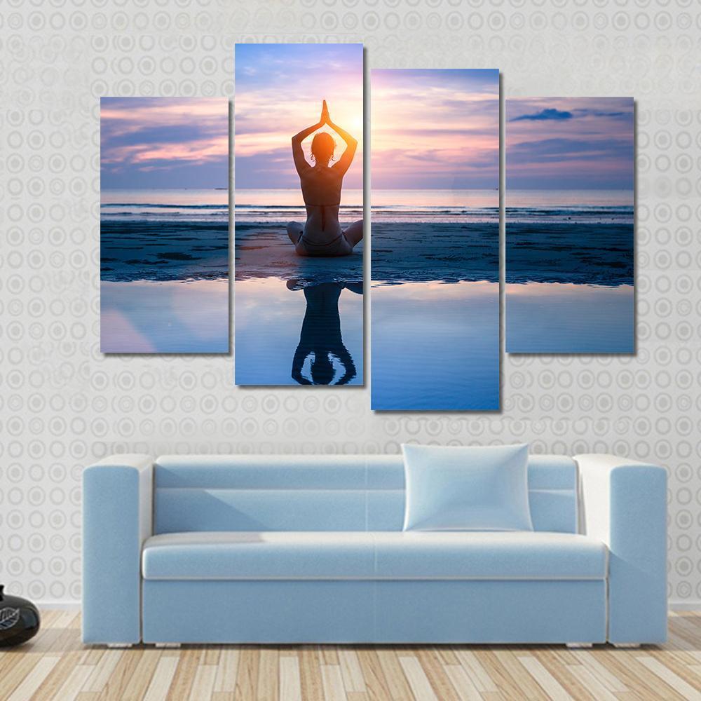 Yoga On The Sea Beach Meditation Canvas Wall Art-4 Pop-Gallery Wrap-50&quot; x 32&quot;-Tiaracle
