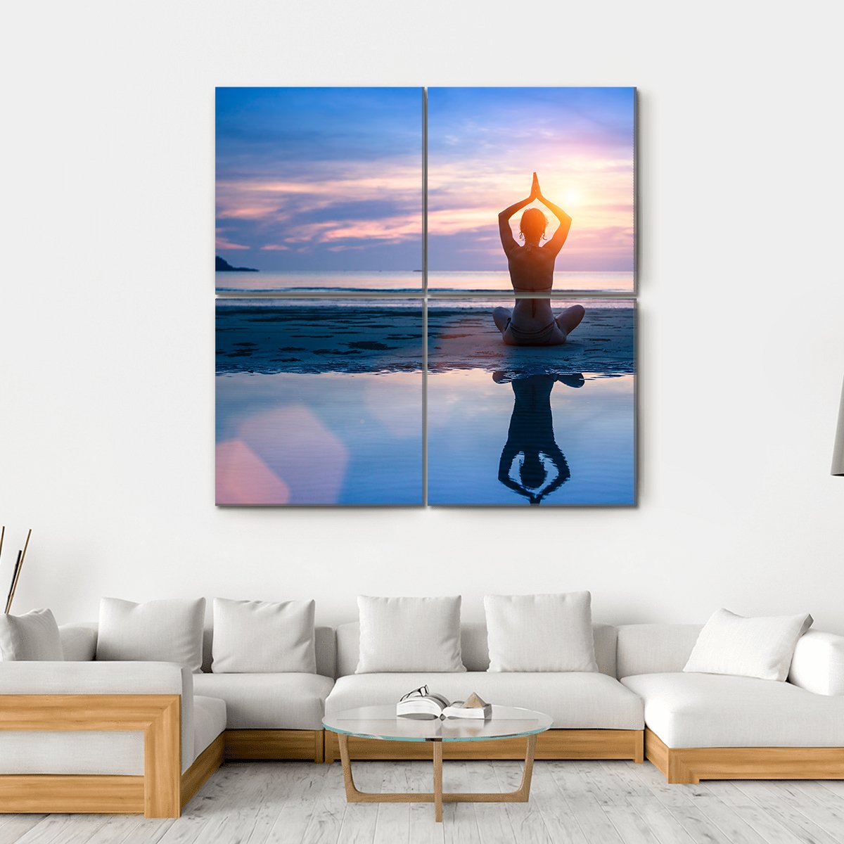 Yoga On The Sea Beach Meditation Canvas Wall Art-4 Square-Gallery Wrap-17" x 17"-Tiaracle