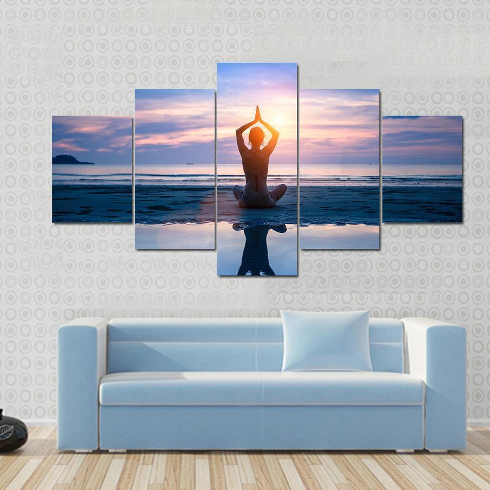 Yoga On The Sea Beach Meditation Canvas Wall Art-1 Piece-Gallery Wrap-48" x 32"-Tiaracle