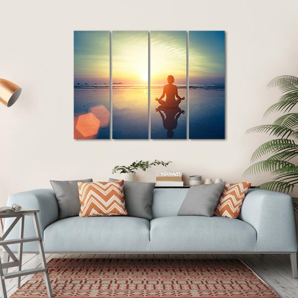 Yoga Woman At Sunset Canvas Wall Art-4 Horizontal-Gallery Wrap-34" x 24"-Tiaracle