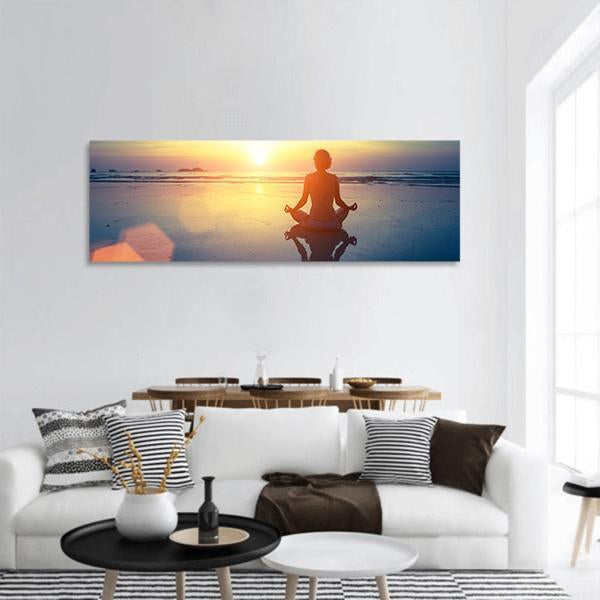 Yoga Woman At Sunset Panoramic Canvas Wall Art-1 Piece-36" x 12"-Tiaracle