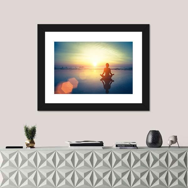Yoga Woman At Sunset Panoramic Canvas Wall Art-1 Piece-36&quot; x 12&quot;-Tiaracle