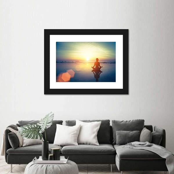 Woman Practice Yoga At Beach During Sunset Canvas Wall Art - Tiaracle