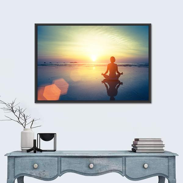 Yoga Woman At Sunset Panoramic Canvas Wall Art-1 Piece-36" x 12"-Tiaracle