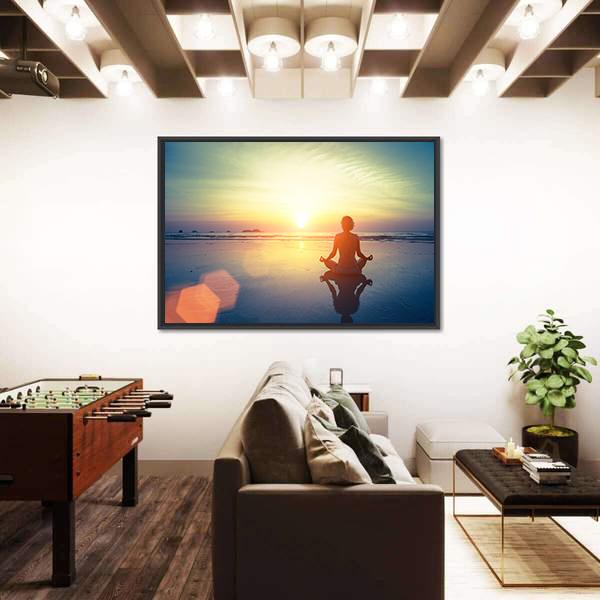 Yoga Woman At Sunset Panoramic Canvas Wall Art-1 Piece-36" x 12"-Tiaracle