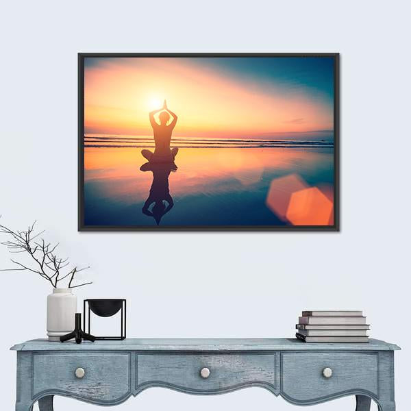 Yoga Woman Sitting In Lotus Pose On The Beach Canvas Wall Art-1 Piece-Floating Frame-24&quot; x 16&quot;-Tiaracle