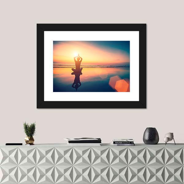 Yoga Woman Sitting In Lotus Pose On The Beach Canvas Wall Art-1 Piece-Framed Print-20&quot; x 16&quot;-Tiaracle