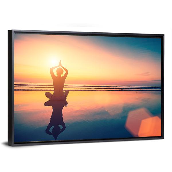 Yoga Woman Sitting In Lotus Pose On The Beach Canvas Wall Art-3 Horizontal-Gallery Wrap-25&quot; x 16&quot;-Tiaracle