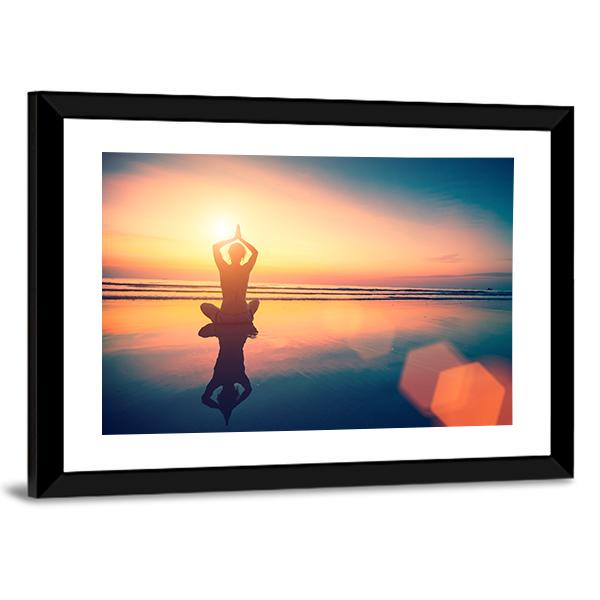 Yoga Woman Sitting In Lotus Pose On The Beach Canvas Wall Art-3 Horizontal-Gallery Wrap-25&quot; x 16&quot;-Tiaracle