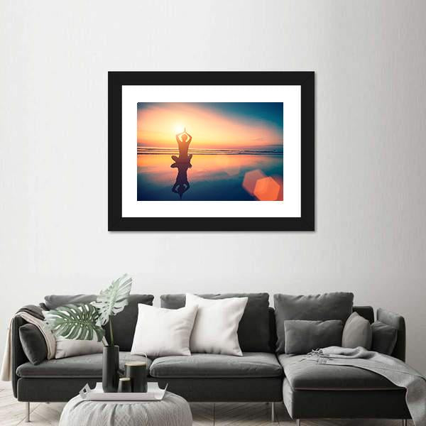 Yoga Woman Sitting In Lotus Pose On The Beach Canvas Wall Art-3 Horizontal-Gallery Wrap-25&quot; x 16&quot;-Tiaracle