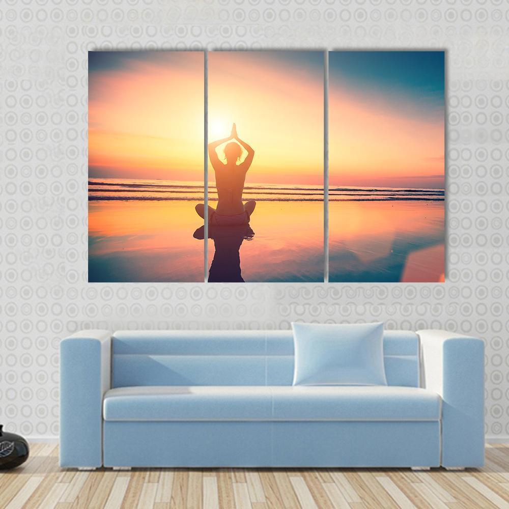 Yoga Woman Sitting In Lotus Pose On The Beach Canvas Wall Art-3 Horizontal-Gallery Wrap-37&quot; x 24&quot;-Tiaracle