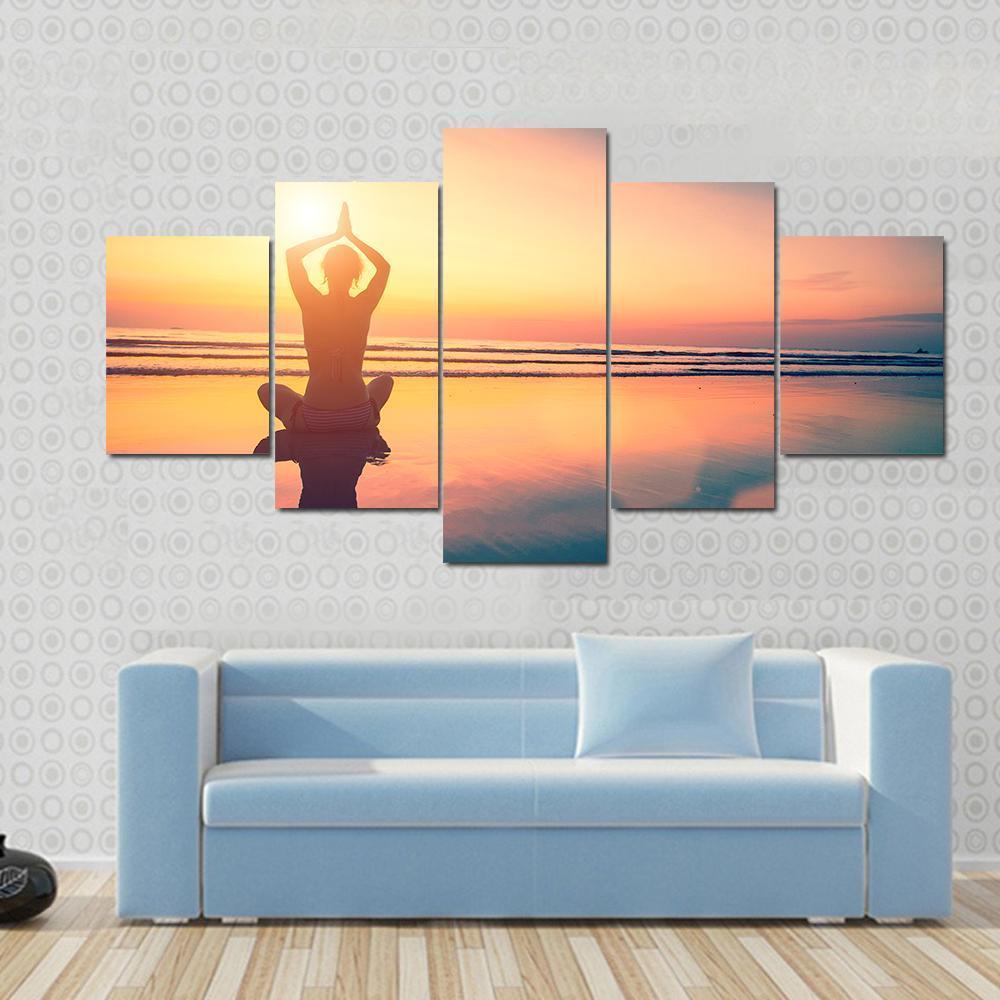 Yoga Woman Sitting In Lotus Pose On The Beach Canvas Wall Art-4 Pop-Gallery Wrap-50" x 32"-Tiaracle