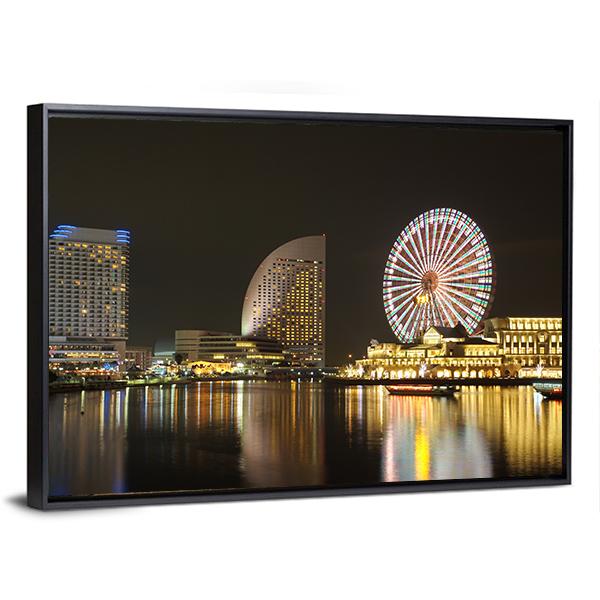 Yokohama Skyline At Minato Mirai Area At Night View Canvas Wall Art-3 Horizontal-Gallery Wrap-25" x 16"-Tiaracle