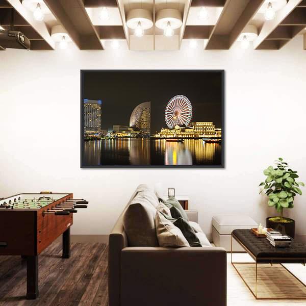 Yokohama Skyline At Minato Mirai Area At Night View Canvas Wall Art-3 Horizontal-Gallery Wrap-25" x 16"-Tiaracle
