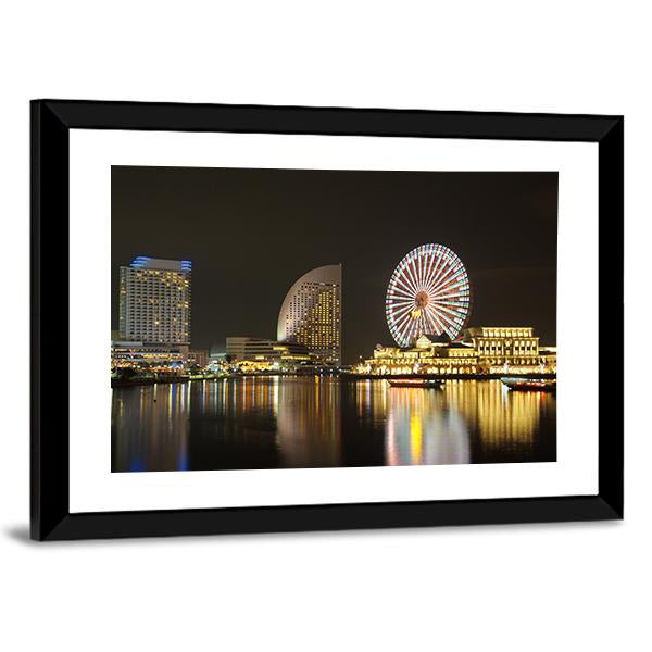 Yokohama Skyline At Minato Mirai Area At Night View Canvas Wall Art-3 Horizontal-Gallery Wrap-25" x 16"-Tiaracle