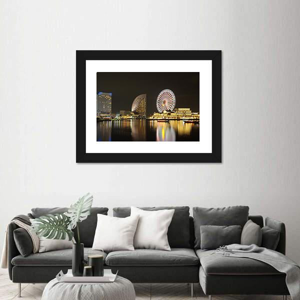 Yokohama Skyline At Minato Mirai Area At Night View Canvas Wall Art-3 Horizontal-Gallery Wrap-25" x 16"-Tiaracle