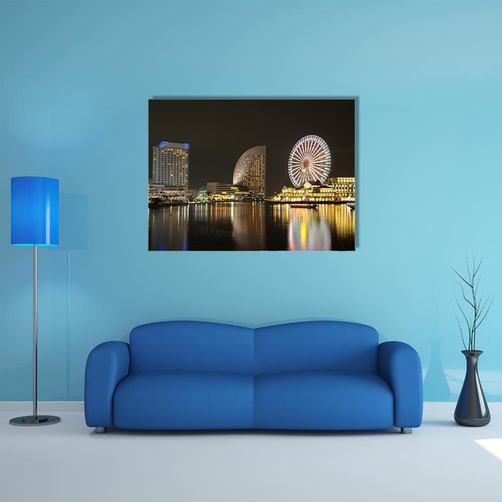 Yokohama Minato Mirai Night Skyline Canvas Wall Art in black, yellow and blue, single panel hung on a wall