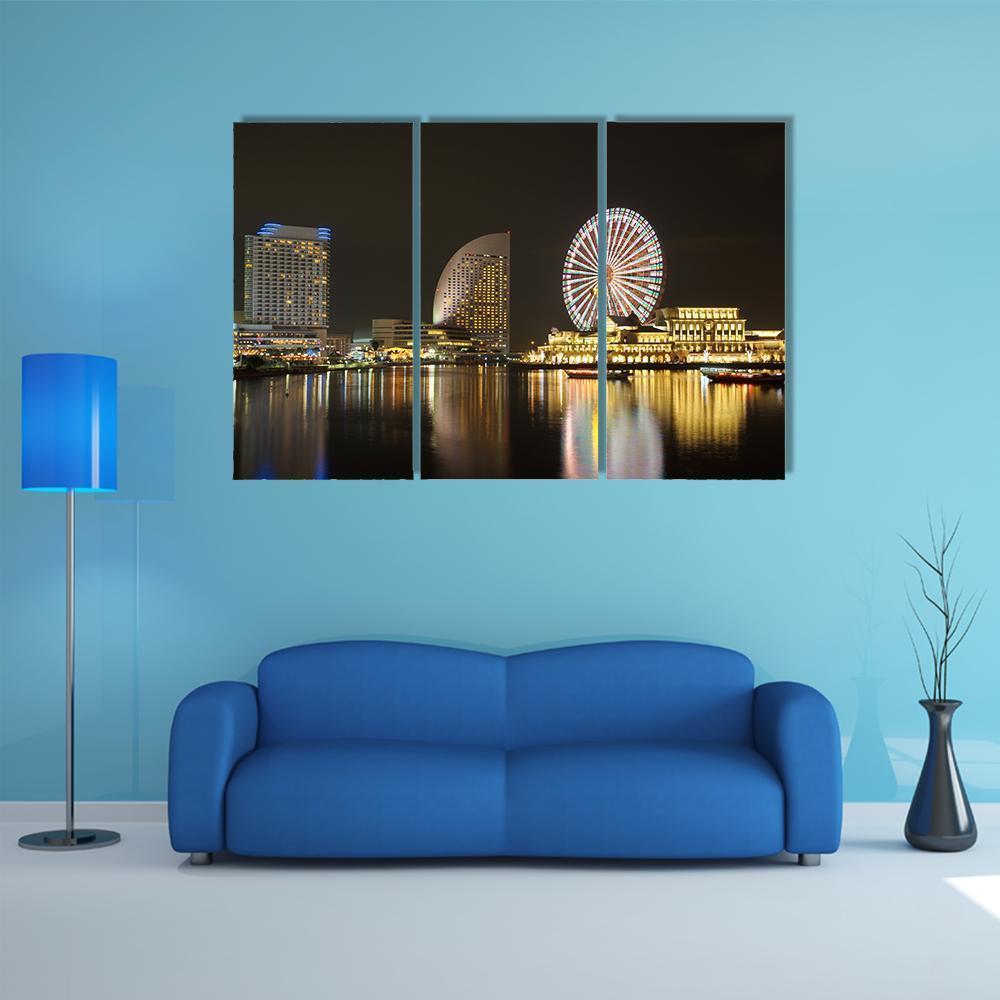 Yokohama Skyline At Minato Mirai Area At Night View Canvas Wall Art-3 Horizontal-Gallery Wrap-37" x 24"-Tiaracle