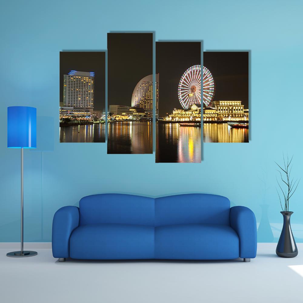 Yokohama Skyline At Minato Mirai Area At Night View Canvas Wall Art-4 Pop-Gallery Wrap-50" x 32"-Tiaracle