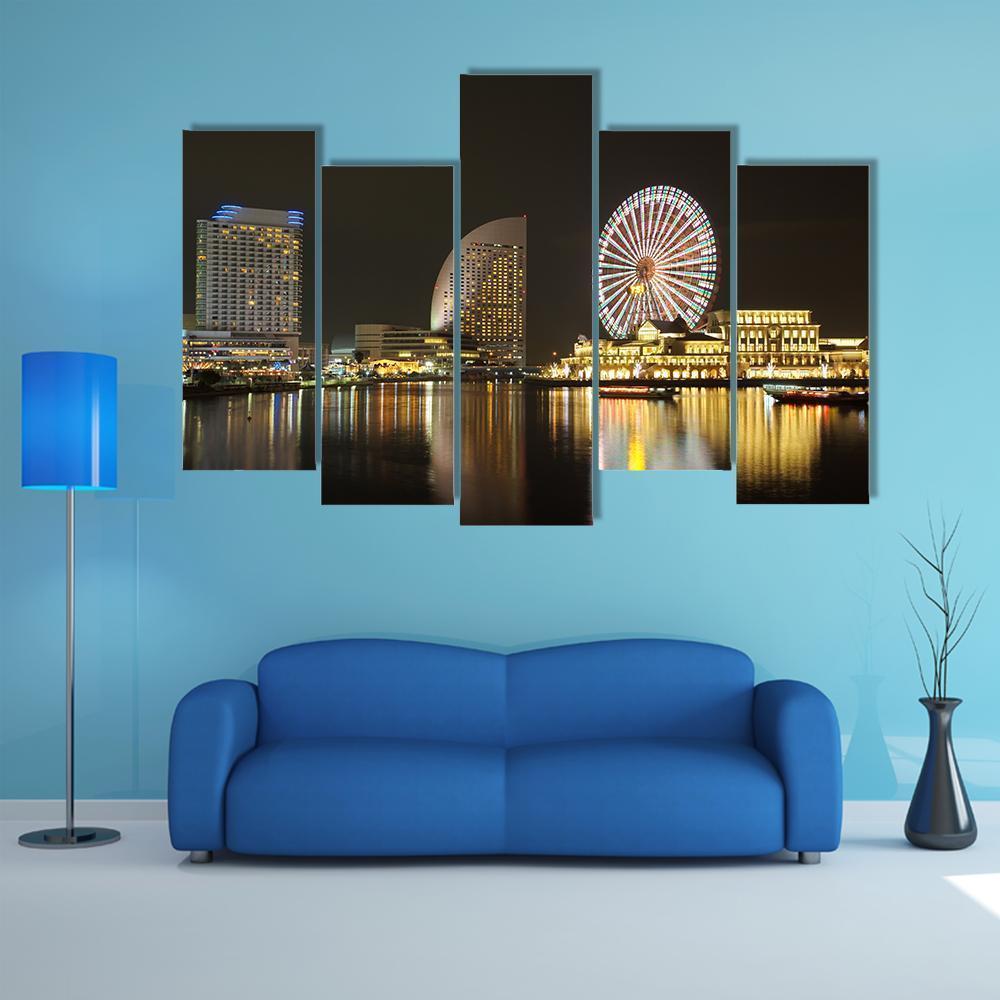 Yokohama Skyline At Minato Mirai Area At Night View Canvas Wall Art-5 Pop-Gallery Wrap-47" x 32"-Tiaracle