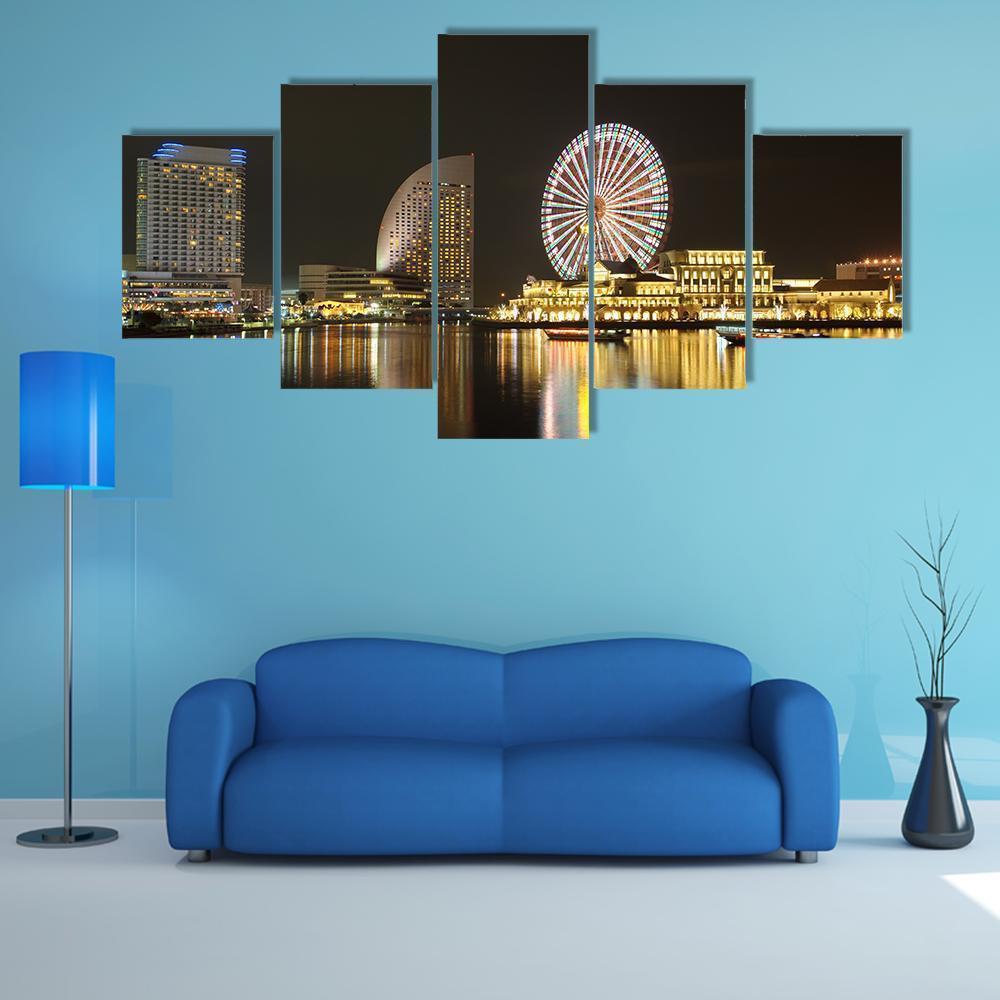 Yokohama Minato Mirai Night Skyline Canvas Wall Art in black, yellow and blue, 5 panel Star layout hung on a wall
