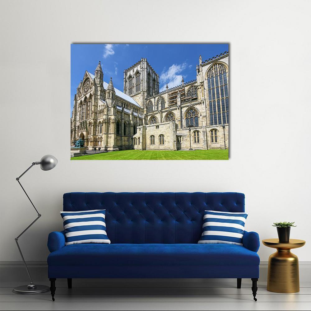 York Minster Gothic Cathedral Photography Canvas Wall Art in gray, beige and blue, single panel hung on a wall