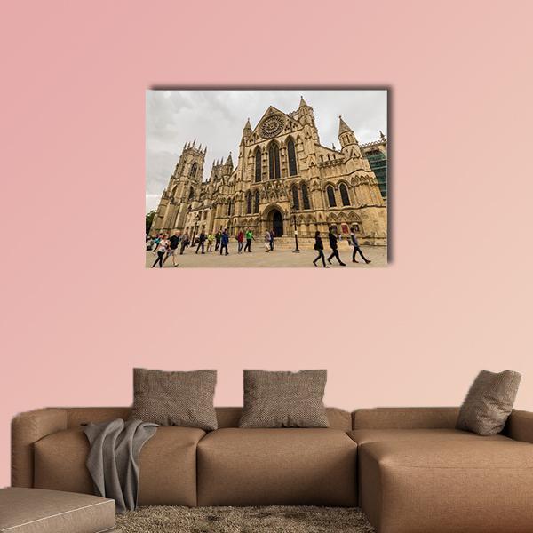 York Minster Cathedral Facade Canvas Wall Art in gray, beige and brown, single panel hung on a wall