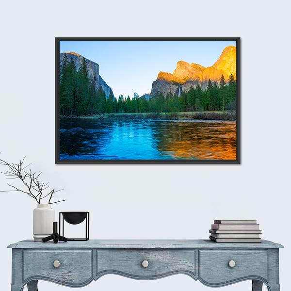 Yosemite Merced River at Sunset Canvas Wall Art in orange, green and blue, framed canvas, product view on a white background
