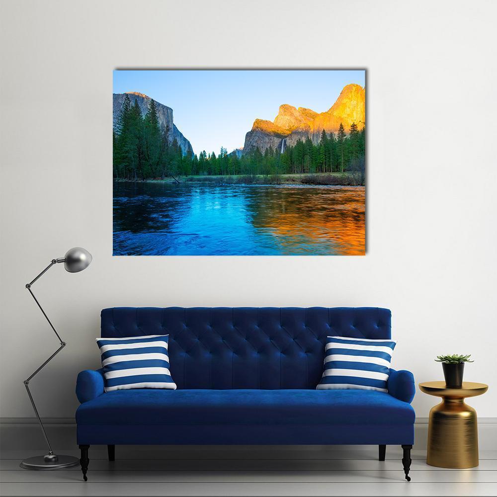 Yosemite Merced River at Sunset Canvas Wall Art in orange, green and blue, single panel hung on a wall
