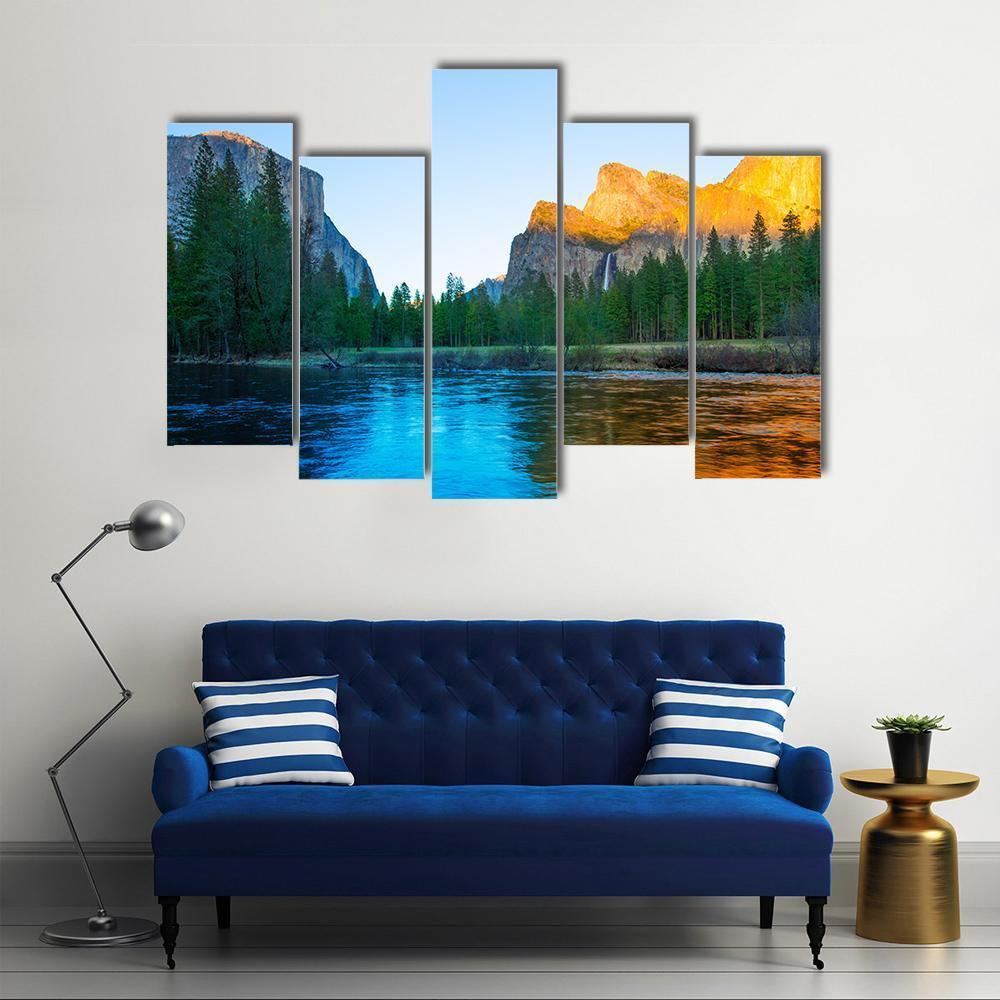 Yosemite Merced River In California Canvas Wall Art-5 Pop-Gallery Wrap-47" x 32"-Tiaracle