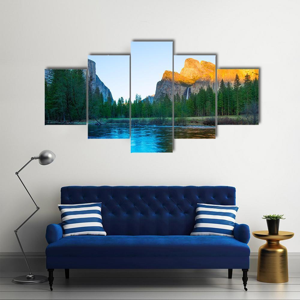 Yosemite Merced River In California Canvas Wall Art-5 Star-Gallery Wrap-62" x 32"-Tiaracle