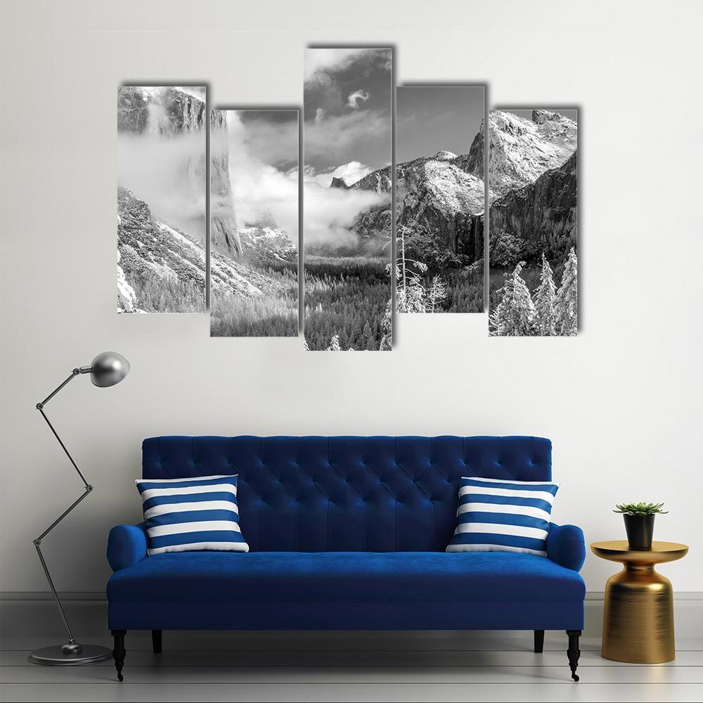 Yosemite National Park In Winter Canvas Wall Art-5 Pop-Gallery Wrap-47" x 32"-Tiaracle
