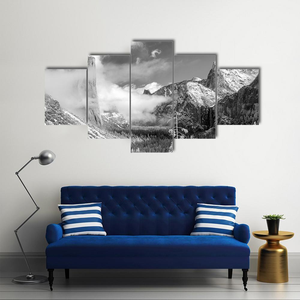 Yosemite National Park In Winter Canvas Wall Art-5 Star-Gallery Wrap-62" x 32"-Tiaracle