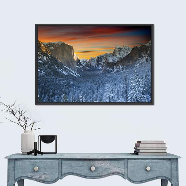 Yosemite National Park In Winter Time Canvas Wall Art-1 Piece-Floating Frame-24" x 16"-Tiaracle