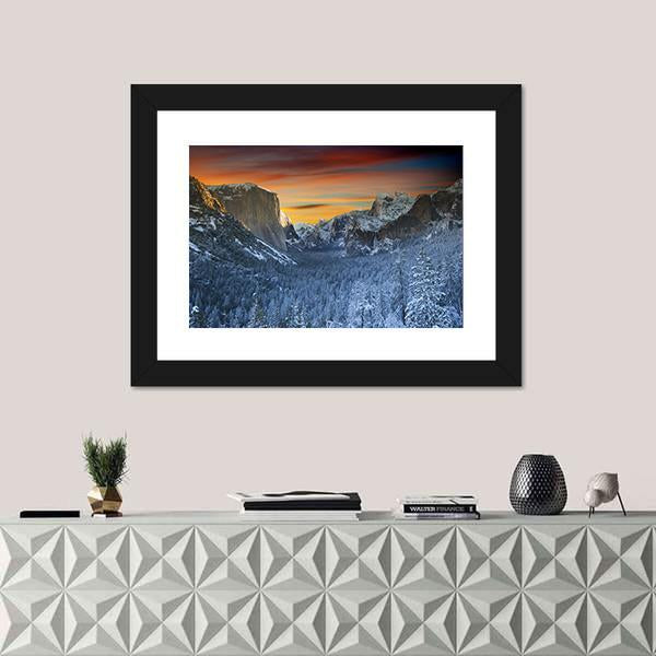 Yosemite National Park In Winter Time Canvas Wall Art-1 Piece-Framed Print-20" x 16"-Tiaracle