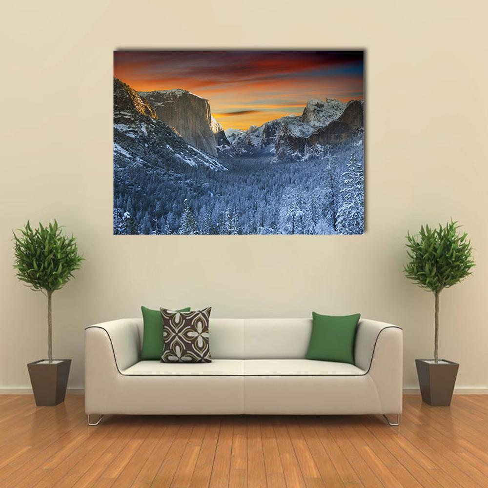 Yosemite National Park In Winter Time Canvas Wall Art-1 Piece-Gallery Wrap-48" x 32"-Tiaracle