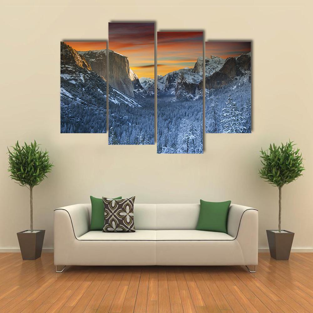 Yosemite National Park In Winter Time Canvas Wall Art-4 Pop-Gallery Wrap-50" x 32"-Tiaracle