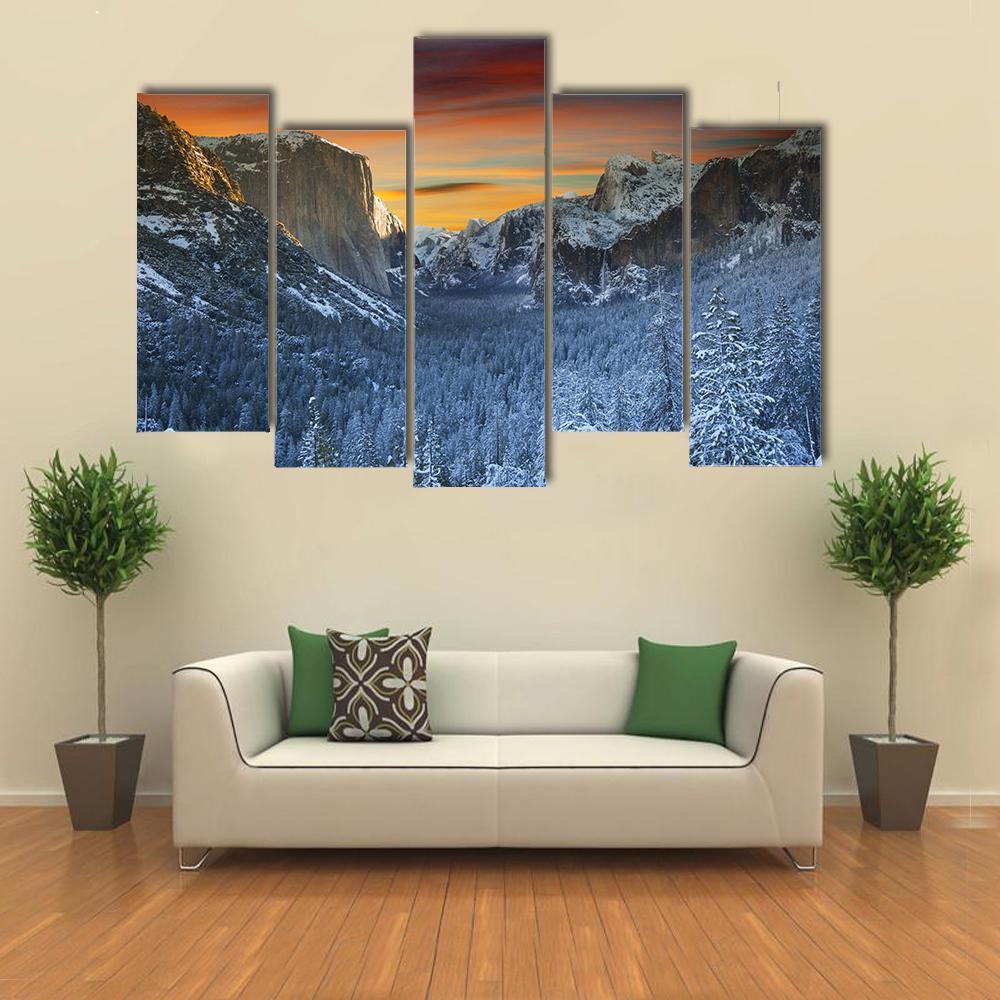 Yosemite National Park In Winter Time Canvas Wall Art-5 Pop-Gallery Wrap-47" x 32"-Tiaracle