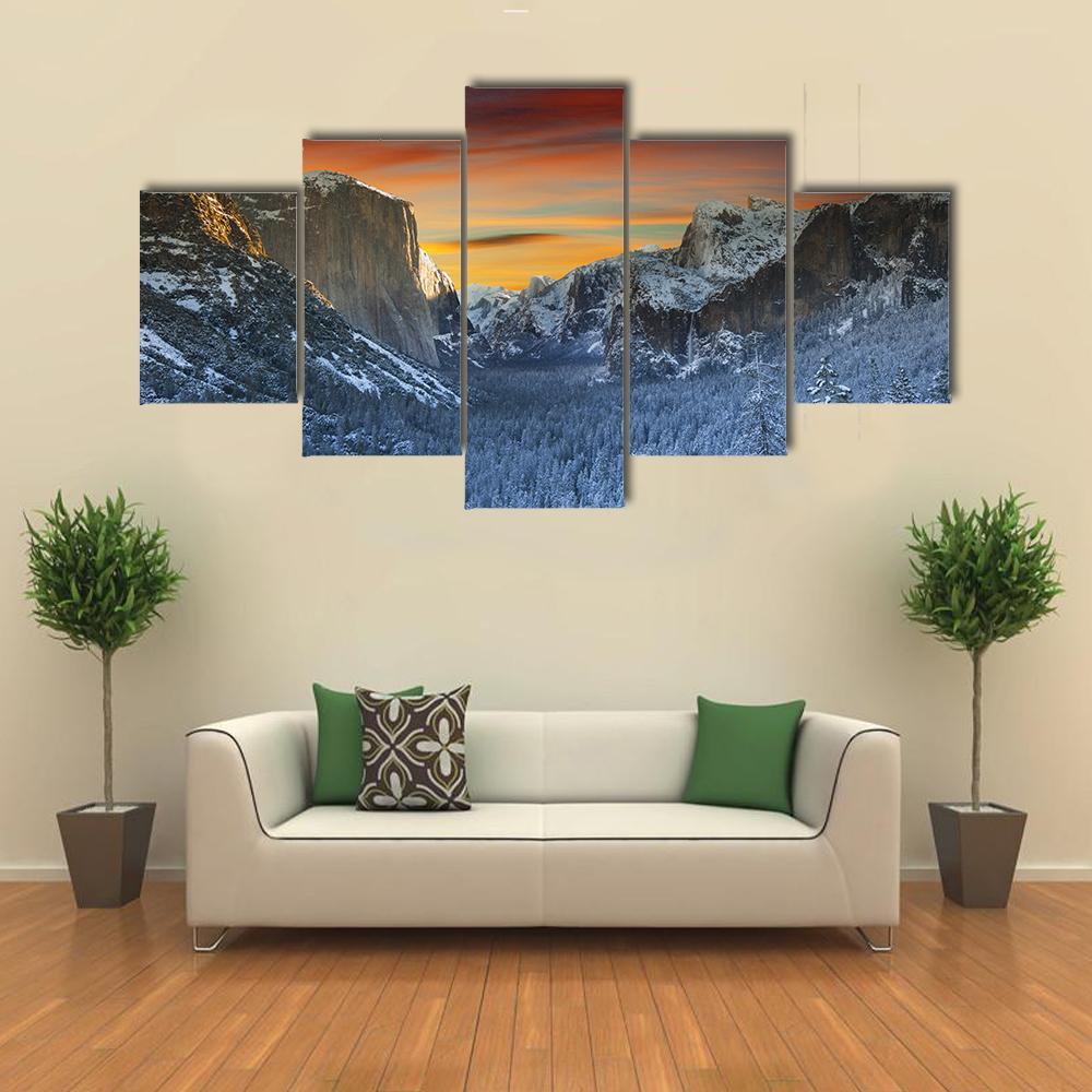 Yosemite National Park In Winter Time Canvas Wall Art-5 Star-Gallery Wrap-62" x 32"-Tiaracle