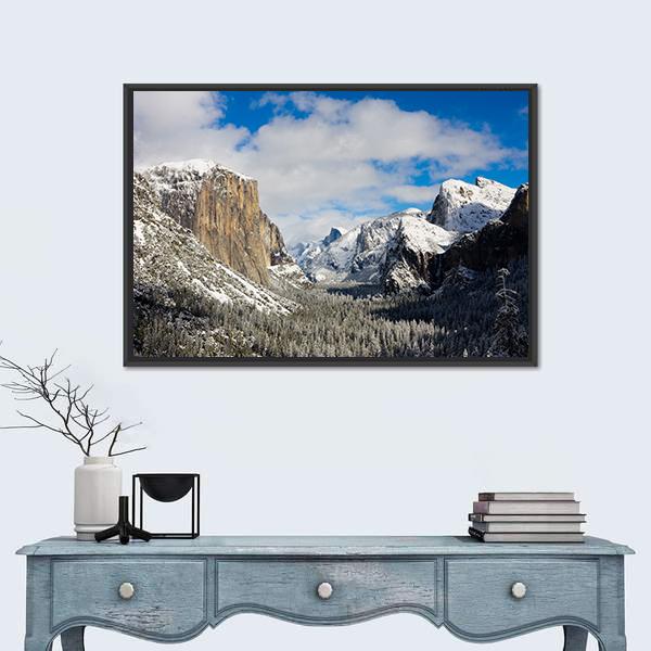 Yosemite Valley Covered By Snow Canvas Wall Art-1 Piece-Floating Frame-24" x 16"-Tiaracle
