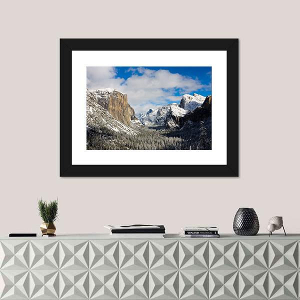 Yosemite Valley Covered By Snow Canvas Wall Art-1 Piece-Framed Print-20" x 16"-Tiaracle