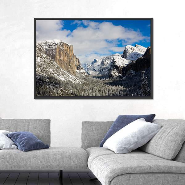 Yosemite Valley Covered By Snow Canvas Wall Art-3 Horizontal-Gallery Wrap-25" x 16"-Tiaracle