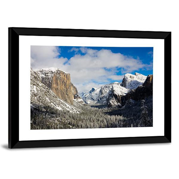 Yosemite Valley Covered By Snow Canvas Wall Art-3 Horizontal-Gallery Wrap-25" x 16"-Tiaracle