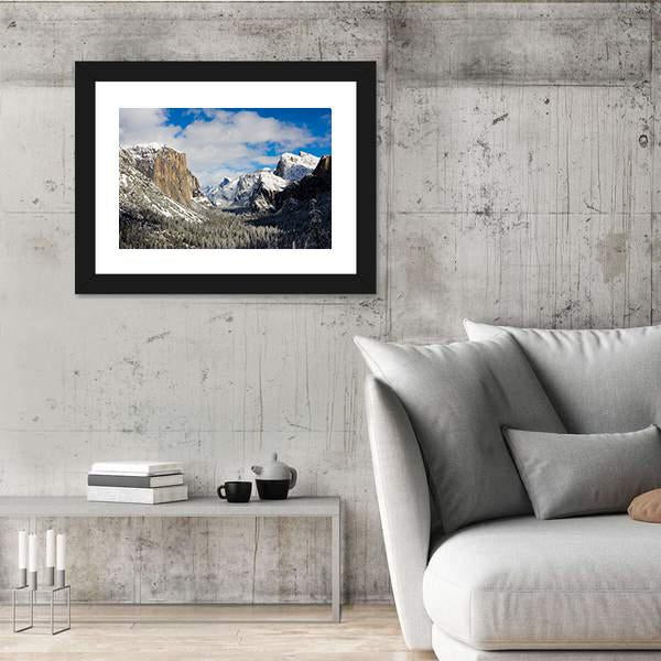Yosemite Valley Covered By Snow Canvas Wall Art-3 Horizontal-Gallery Wrap-25" x 16"-Tiaracle