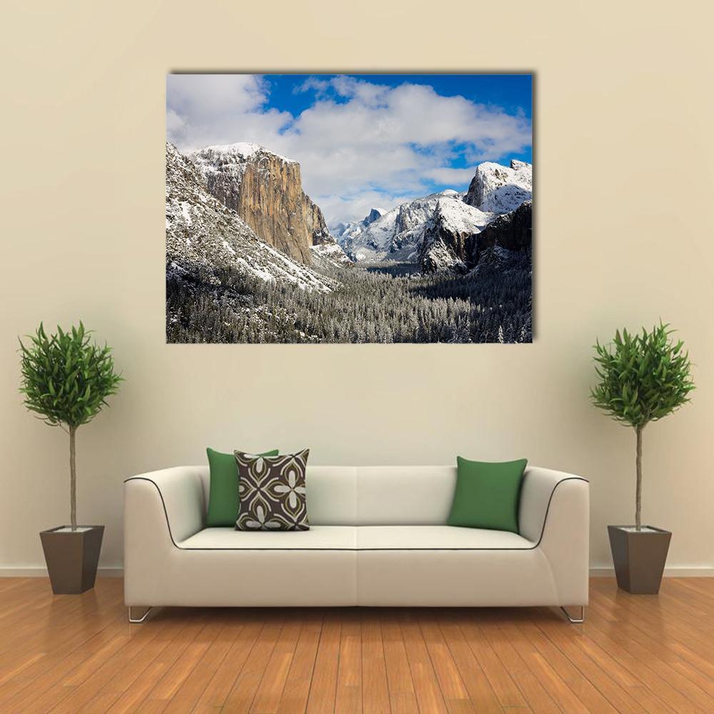 Yosemite Valley Covered By Snow Canvas Wall Art-5 Star-Gallery Wrap-62" x 32"-Tiaracle