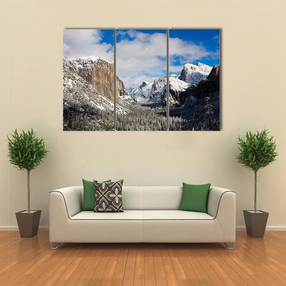 Yosemite Valley Covered By Snow Canvas Wall Art-3 Horizontal-Gallery Wrap-37" x 24"-Tiaracle