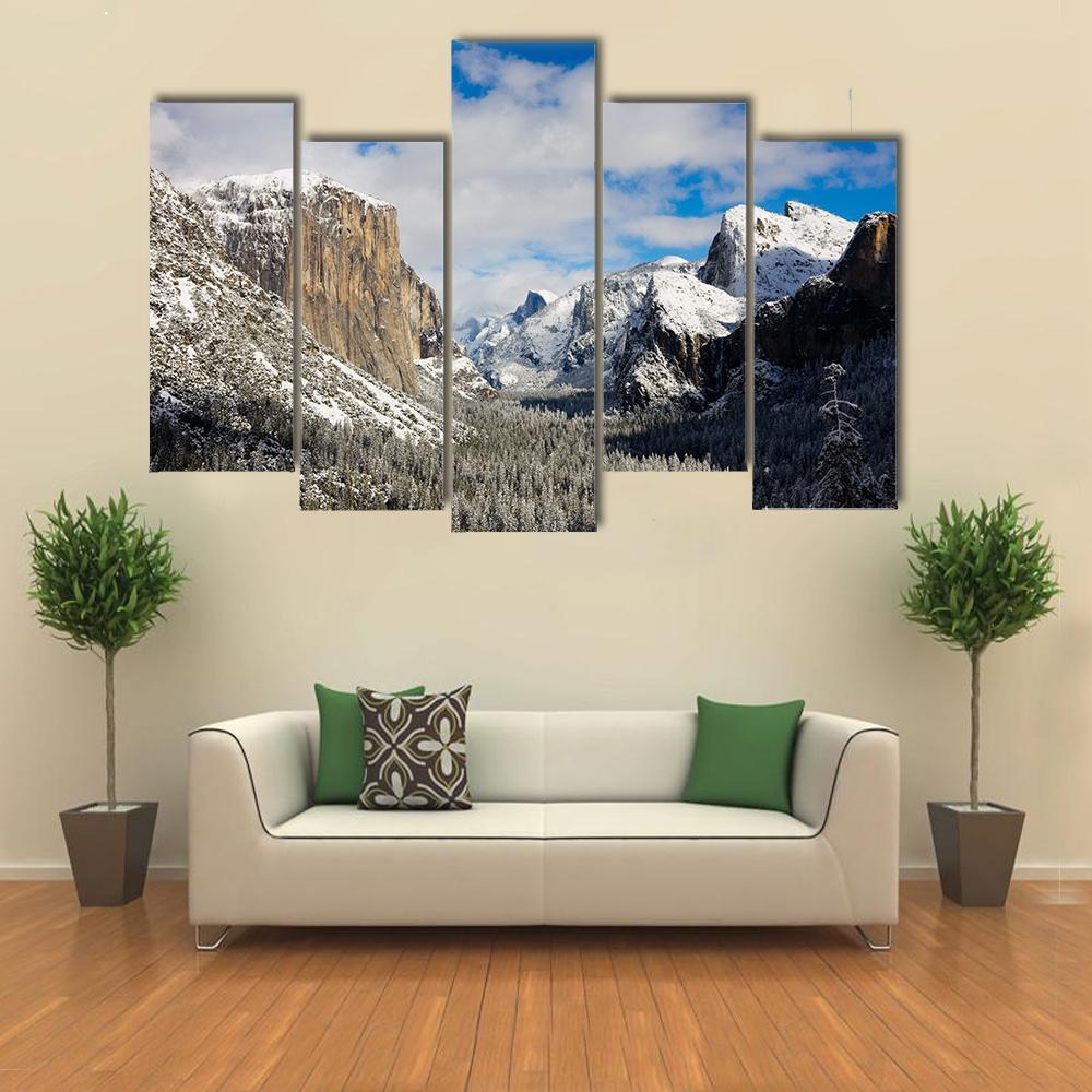 Yosemite Valley Covered By Snow Canvas Wall Art-5 Pop-Gallery Wrap-47" x 32"-Tiaracle
